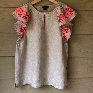 J Crew Embroidered Linen Flutter Sleeve Top-Size S